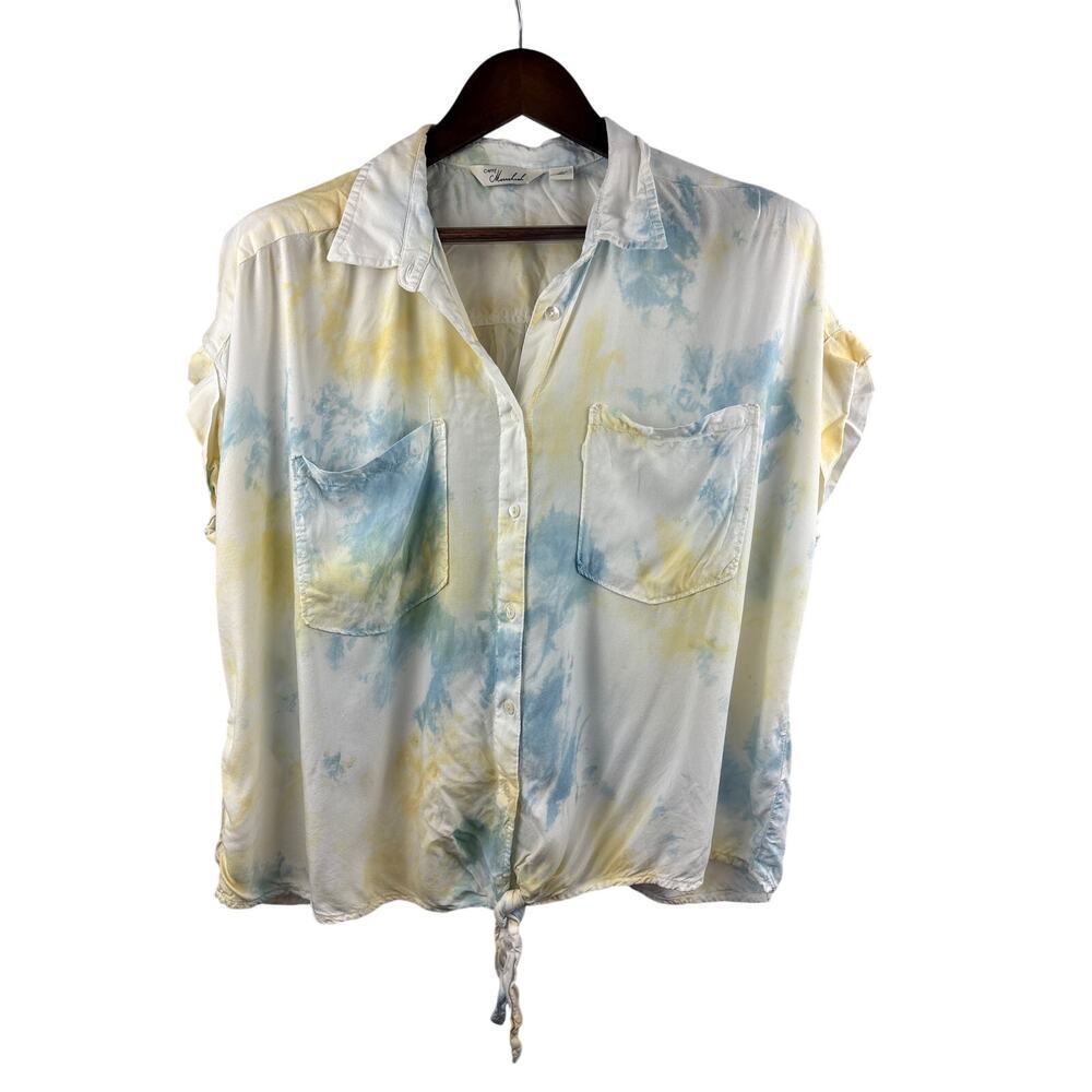Women’s Caffé Marrahesh Size 1X White, Yellow, & Blue Tie-Dyed Blouse